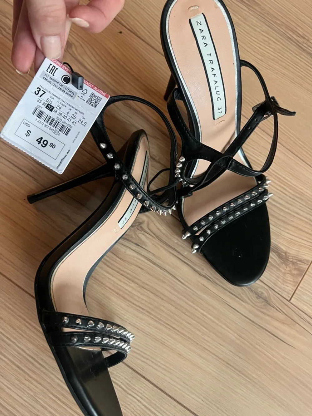 NWT ZARA Black Studded High Heel Sandals - Women's Strappy Stiletto 37 - Picture 2 of 7